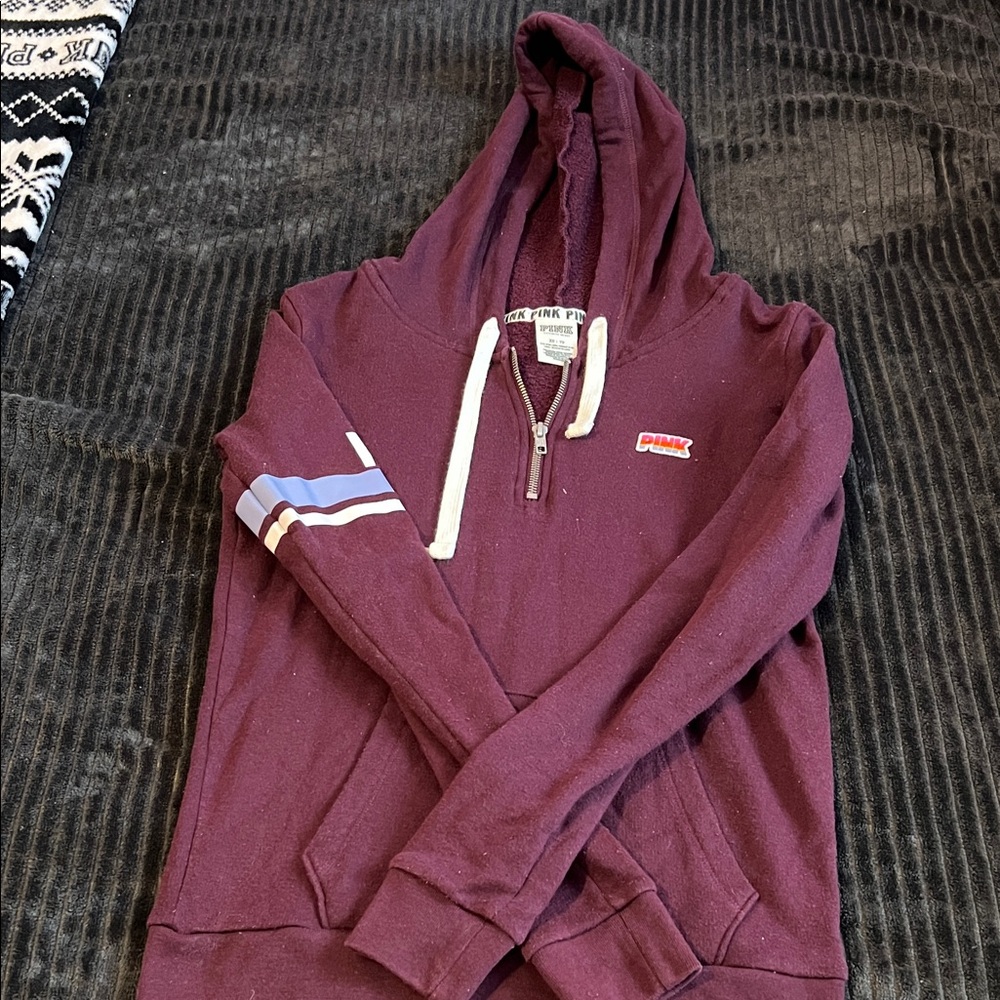 PINK Victoria's Secret Maroon Hoodie with White and Blue Accents